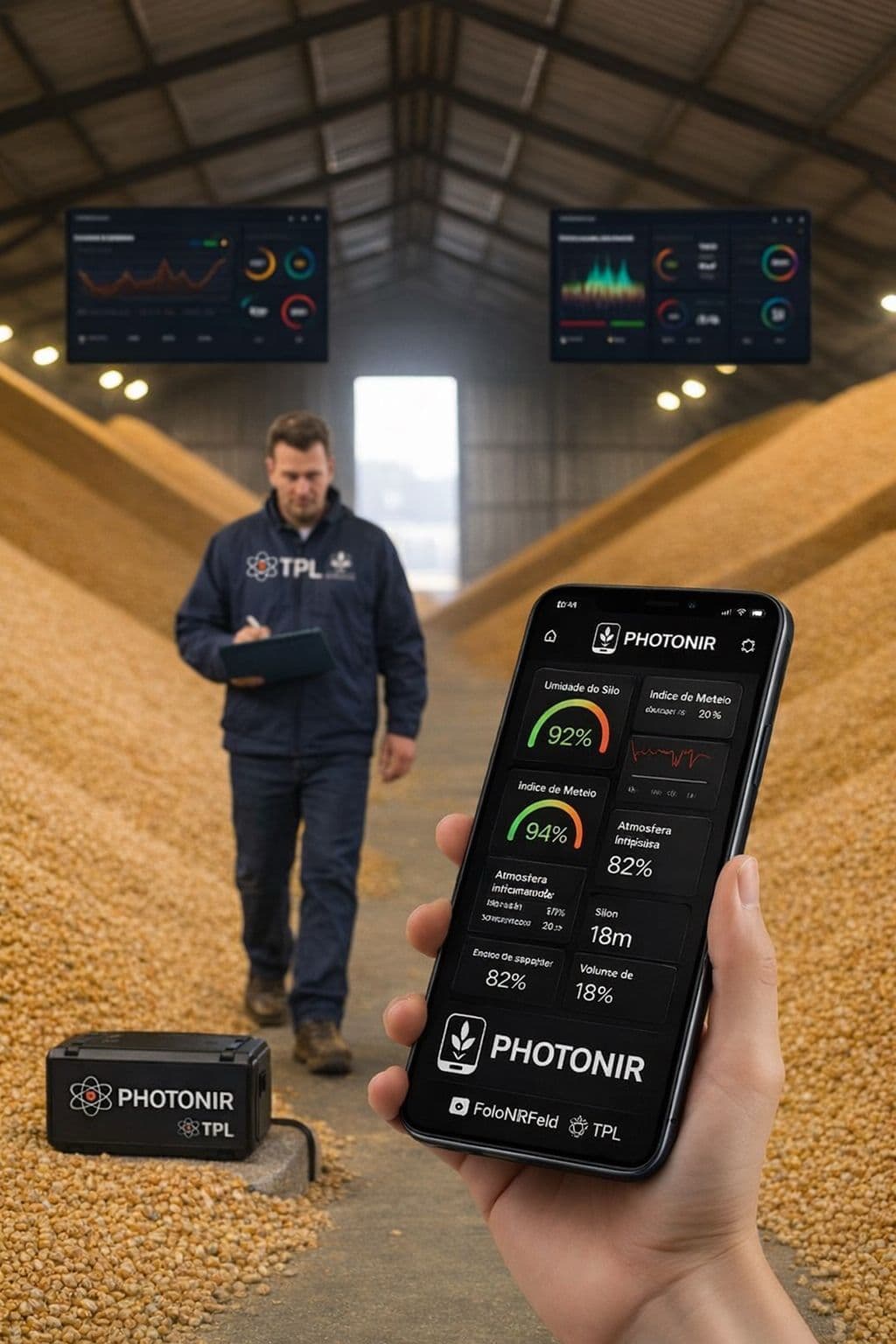 Smartphone com aplicativo de monitoramento agrícola em armazém de grãos com painéis de dados digitais.